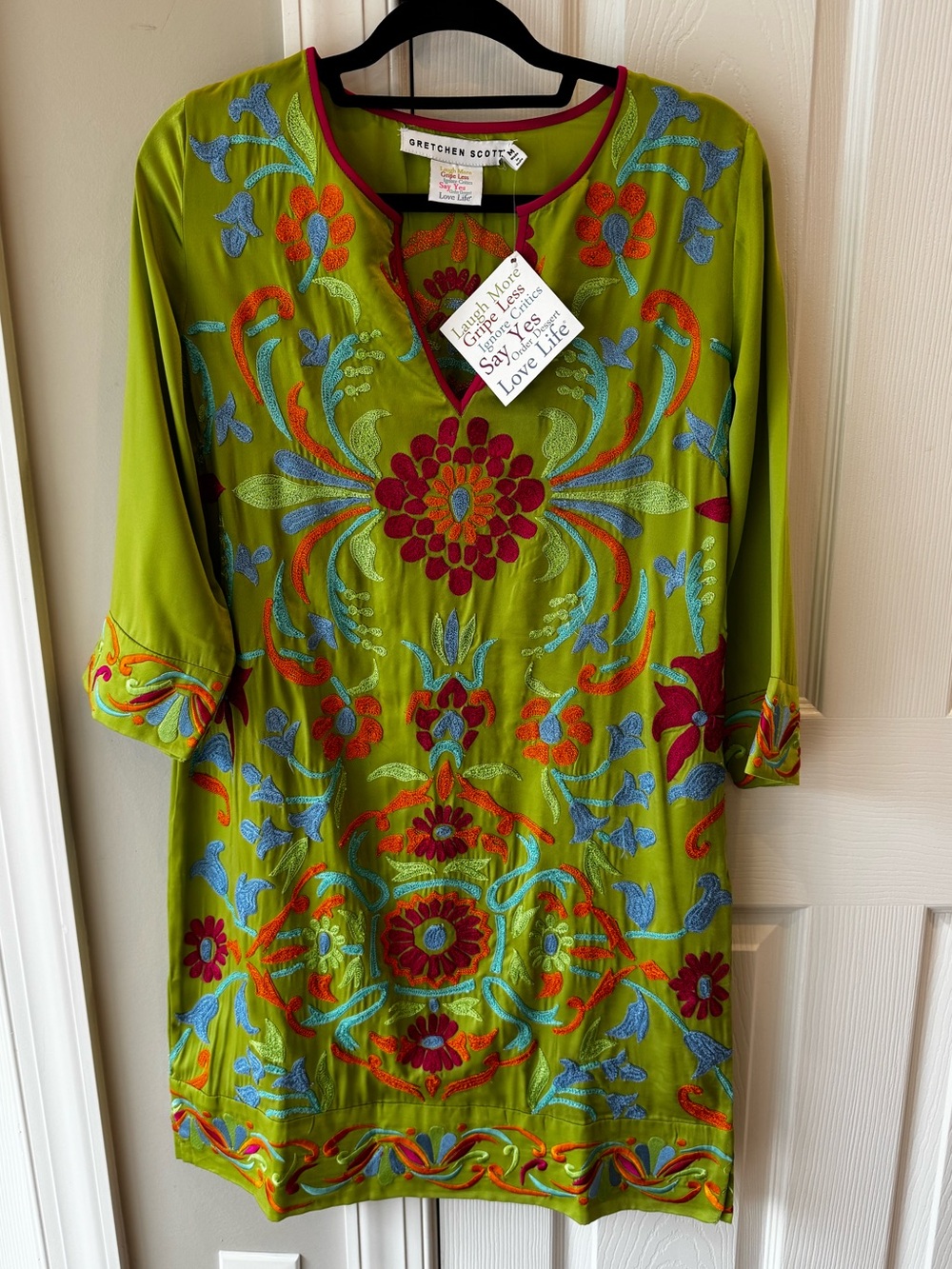 Gretchen Scott Designs Lime Green Embroidered Long Sleeve Dress Tunic-Medium NWT